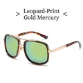 Retro oversized leopard frame sunglasses with gold metal temples and green mirror lenses - Leopard Print Gold Mirrored Lens