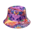 Detailed view of the vibrant tie-dye floral pattern on a cotton canvas bucket hat - Psychedelic Tie-Dye (B)