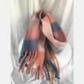 Soft plaid scarf with pink blue orange hues and fringe trim in milk tea color - Pink Blue Orange Plaid (6)