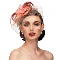 Pink vintage fascinator hat with feathers, flowers and lace veil for weddings - Champagne