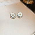 Elegant gold flower stud earrings with white petals, pearls and light blue crystals - Style 34 (White)