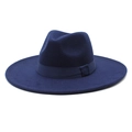 Detail of dark blue fedora hat with 9.5cm wide brim and matching ribbon band - M (56-58cm) / Navy Blue