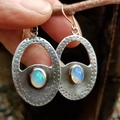 Vintage silver earrings with blue-green opal stones hanging on a branch outdoors - Opal Inlay Style / White