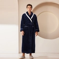 Thick navy blue flannel bathrobe for men with white contrast shawl collar and waist tie - Navy Blue (Men's)