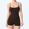 Body da yoga in maglia a coste marrone caffè con bordo bianco a contrasto per lo sport - S / Marrone