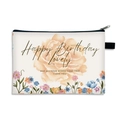 Off-white floral canvas coin purse with Happy Birthday print and black zipper - Watercolor Floral Wish Style (27)