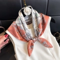 Elegant brick red and pearl white baroque print silk scarf tied in a bow - 61 Square Scarves / 65