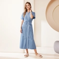 Albornoz azul claro de manga corta absorbente con ribete blanco y cinturón a juego - M / Mujer Manga Corta / Azul Niebla