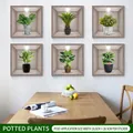 Set of 6 waterproof 3D potted green plant wall stickers, 28.5x28.5cm square decals - Green Potted Plants