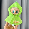 Plush doll keychain wearing a bright green Winnie the Pooh raincoat with colorful beads - Green Raincoat / First And Second Generation Keychains Are Compatible With La Cloth Dolls. Dolls Not Included.