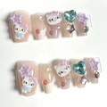 Press-on nails featuring cartoon cat, stars, and heart rhinestones in gradient style - By1596 Silly Cat / Glue Type
