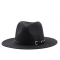 Detail of black straw fedora with decorative leather band and golden buckle finish - Black