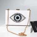 White acrylic clutch bag with evil eye sequin detail and golden chain strap - Pure White