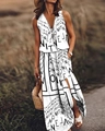 Robe longue d'été sans manches à col en V avec imprimé lettres noires sur fond ivoire - S / Imprimé - Blanc