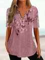 Detalle de la blusa de verano con cuello en V y motivos florales negros en rosa viejo - S / Tops / Rojo
