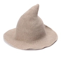 Detail of light khaki knitted witch hat featuring pointed top and wide flat brim - Khaki