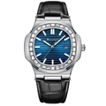 Men's Nautilus quartz watch with silver case, blue dial, gem bezel, and black leather strap - Black Leather Blue Face