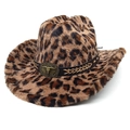 Detailed view of leopard print cowboy hat featuring a vintage bull skull emblem and rope band - M (56-58cm) / Straight Top / Light Coffee