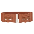 Brown wide elastic corset belt with symmetrical braided panels and silver metal hook buckle - Camel