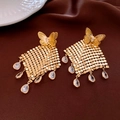 Golden butterfly earrings with square mesh and five sparkling zircon water drop pendants - Gold Butterfly Woven Drop Tassel Style (38#)