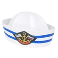 Detail of white sailor hat with blue stripes and embroidered captain anchor badge - Blue Stripes Captain Anchor Badge
