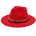 Close-up of red wool fedora hat featuring a stylish gold and black braided chain trim - M (56-58cm) / Red (Black Chain Decor)