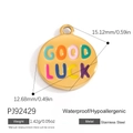 Golden stainless steel round pendant with colorful Good Luck text and size dimensions - PJ92429-Good Luck Circle
