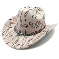 Detail of felt cowboy hat with bird print, turquoise beads and metal leaf pendant - M (56-58cm) / Seagull Print with Beaded Decoration / Flat Top Beige