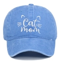 Detail showing white Cat Mom embroidery on a vintage washed blue cotton baseball cap - Light Blue