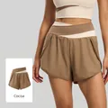 Women's cocoa color two-piece yoga shorts with contrast high-waist crossover design - S / Cocoa