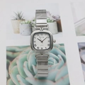 Square silver women's quartz watch with metal mesh strap and white Roman numeral dial - Silver