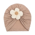 Khaki baby turban hat with a large white flower knit decoration on a soft ribbed fabric - Coffee