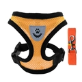 Detail of breathable orange mesh dog harness with matching leash and logo patch - Orange