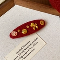 Barrette en velours rouge avec breloques dorées sur fond de tissu beige rustique - 70# BB Clip-Or/Rouge-Unique