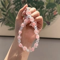 Handmade beaded keychain with pink flower acrylic beads and clear round charms - Pink Flower