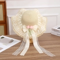 Beige straw sun hat with white lace trim, pink tulips and bow for summer beach vacation - Tulip Knot Beige
