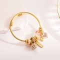 Adjustable gold stainless steel bangle with pink heart and handmade tag charms - Pink Heart