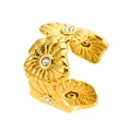 Golden stainless steel open ring featuring dual flower motifs with sparkling crystals - White Zircon