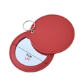 Portable red PU leather mini makeup mirror with metal keychain and 9CM diameter size - Round Red
