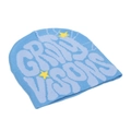 Close-up of jacquard gravity visions lettering and yellow star on blue knit beanie - Lavender Jacquard Letter Light Blue Knit Hat (E)