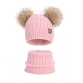 Pink winter knit hat and scarf set for children with fluffy brown pom poms and fleece lining - Two-Piece Set / Pink