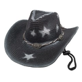 Détail d'un chapeau de paille western avec ruban décoratif et boucles en métal - Noir