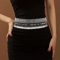 Bohemian silver waist chain with coin tassels and white pearls for women dresses - Rhinestone Coin / Antique Silver / 19.5