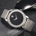 Men's ultra-thin silver mesh band watch with minimalist black dial and signature dot - Silver Case Black Dial