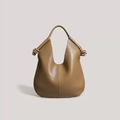 Minimalist caramel brown leather hobo tote bag with stylish knot handle detail - Khaki