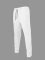 Detail of white cotton jogger pants showing diagonal texture, drawstring waist and ribbed cuffs - S / White