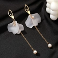 Elegant long fringe tassel earrings with frosted white petals and pearls on black fabric - Flower Girl Style (5072) / White