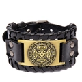 Brede herenarmband van zwart leer met een bronzen Noorse rune en Keltische knoop - Zwart PU + Antiek Brons