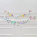 Rainbow unicorn happy birthday banner with iridescent lettering and pastel party icons - Unicorn Holographic Birthday Banner