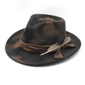 Cappello fedora vintage in lana nera a tesa larga, con nastro marrone e piuma a righe - M (56-59cm) / Nero